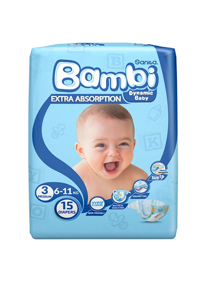 Sanita Bambi Baby Diapers, Size 3, 6 - 11 Kg, 15 Count - Medium, Regular Pack, Now Thinner And More Absorbent - Image 1