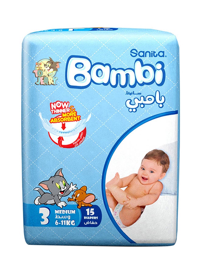 Sanita Bambi Baby Diapers, Size 3, 6 - 11 Kg, 15 Count - Medium, Regular Pack, Now Thinner And More Absorbent - Image 2