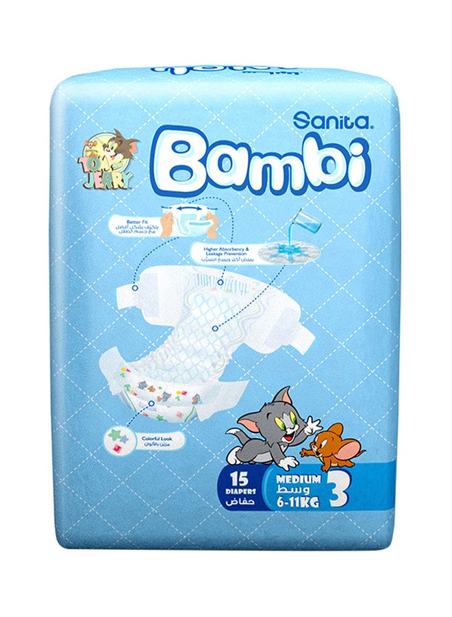 Sanita Bambi Baby Diapers, Size 3, 6 - 11 Kg, 15 Count - Medium, Regular Pack, Now Thinner And More Absorbent - Image 3