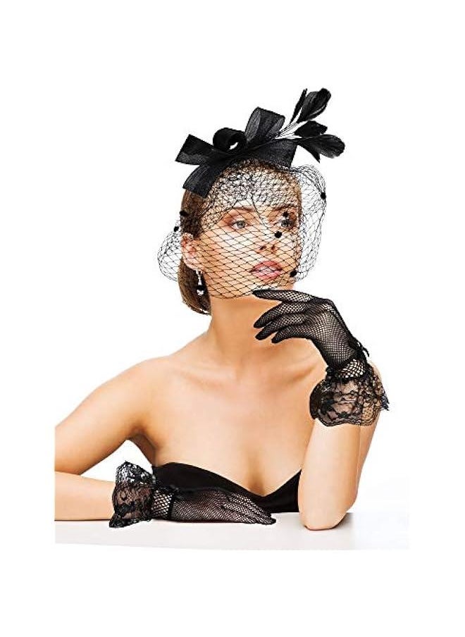 Beauenty 50s Fascinators for Women Funeral Veil Hat Tea Party Hat and Gloves Pillbox Cocktail Hat  - Image 2