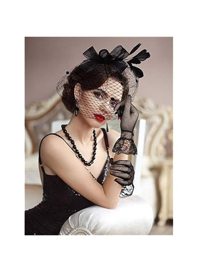 Beauenty 50s Fascinators for Women Funeral Veil Hat Tea Party Hat and Gloves Pillbox Cocktail Hat  - Image 4
