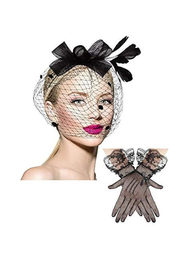Beauenty 50s Fascinators for Women Funeral Veil Hat Tea Party Hat and Gloves Pillbox Cocktail Hat  - Image 1