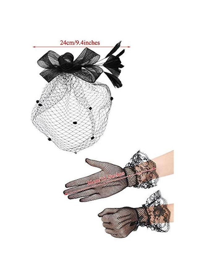 Beauenty 50s Fascinators for Women Funeral Veil Hat Tea Party Hat and Gloves Pillbox Cocktail Hat  - Image 3