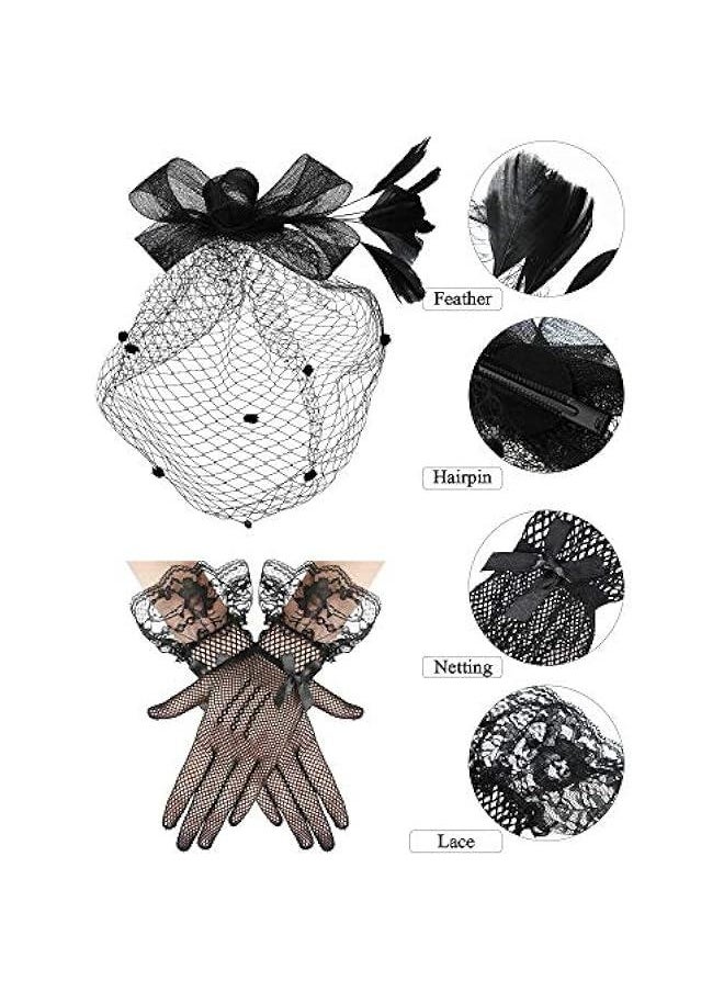 Beauenty 50s Fascinators for Women Funeral Veil Hat Tea Party Hat and Gloves Pillbox Cocktail Hat  - Image 5