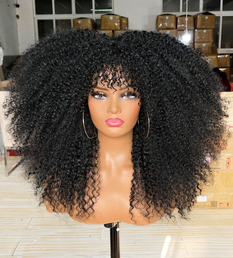 Sweece Long Curly Afro Wig With Bangs for Black Women Kinky Curly Hair Wig 17 inch 17 inch Black