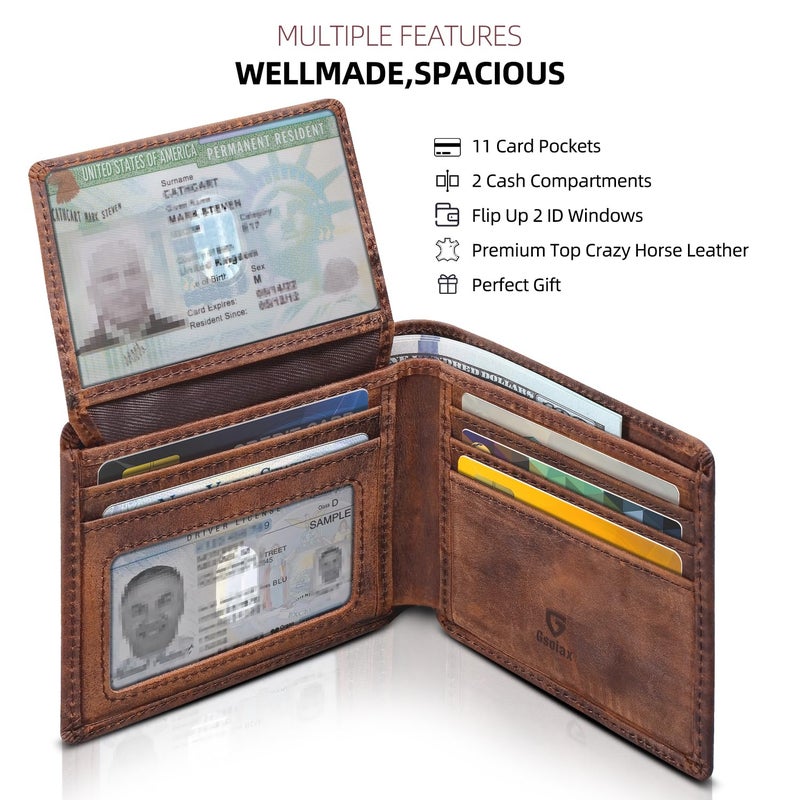 GSOIAX Top Genuine Grain Leather Premium Crazy Horse Wallet for Men-Handcrafted Vintage RFID Blocking Bifold 11 Card Slots 2 ID Windows & 2 Cash Pockets Gift Box Packaging for Him(Brown) - Image 3