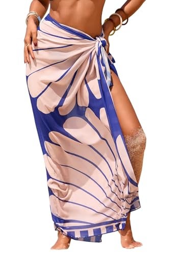 Herseas Women's Bathing Suit Cover Up High Slit Chiffon Wraps One Size Swimsuit Coverups 2026 Summer Blue Scallop Print Sheer Sarong Chic Flattering Resort Outfits Teen Girls - Image 1