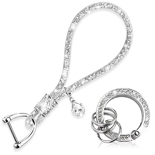 Yiflin Cute Wrist Car keychain for Women, Crystal Keychain Accessories，Bling Wrist Lanyard for Keys, Car key (Silver, Large) - Image 1