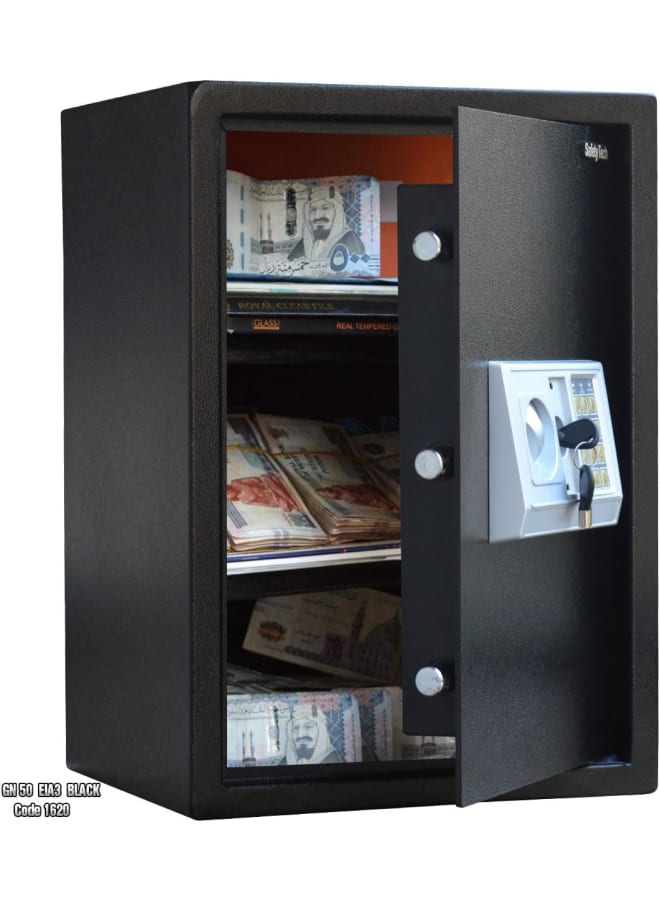 Safety Tech Digital electronic safe with ample storage space, equipped with 2 internal shelves for separating belongings, a three-strength lock, and 2 emergency keys - 50 * 35 * 31 cm - Black - Image 3