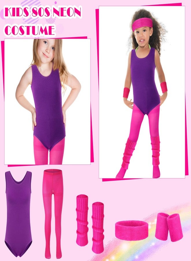 Giegxin Kids 80s Workout Costume Halloween Outfit Accessories Retro Neon Leotard Legging Headband Wristband Leg Warmers(Medium,Rose Red, Purple) - Image 2