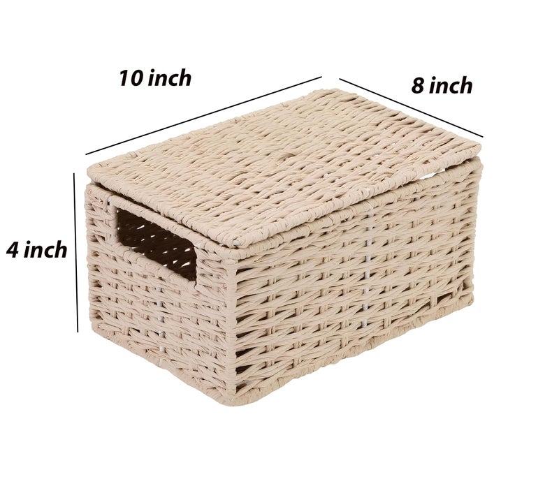 AKWAY wicker water hyacinth kauna grass bamboo cane Storage Basket with Lids Rectangular Handwoven Wicker Organizer Baskets Desktop Storage Box Rattan Container Desk Basket Bins(10"L x 8"W x 4"H) - Image 3