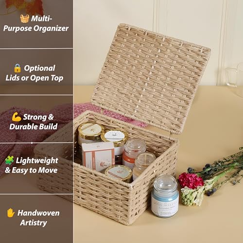 AKWAY wicker water hyacinth kauna grass bamboo cane Storage Basket with Lids Rectangular Handwoven Wicker Organizer Baskets Desktop Storage Box Rattan Container Desk Basket Bins(10"L x 8"W x 4"H) - Image 4