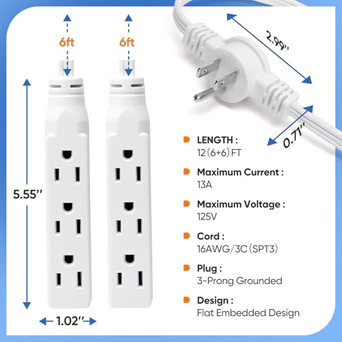 XINYIELE Twin Extension Cord Power Strip - 12FT Dual Extension with Flat Wall Plug, Split Extension Cord with Multiple Outlets,Double Head Outlet for Behind Bed, Couch,Indoor Flush Design(White) - Image 2