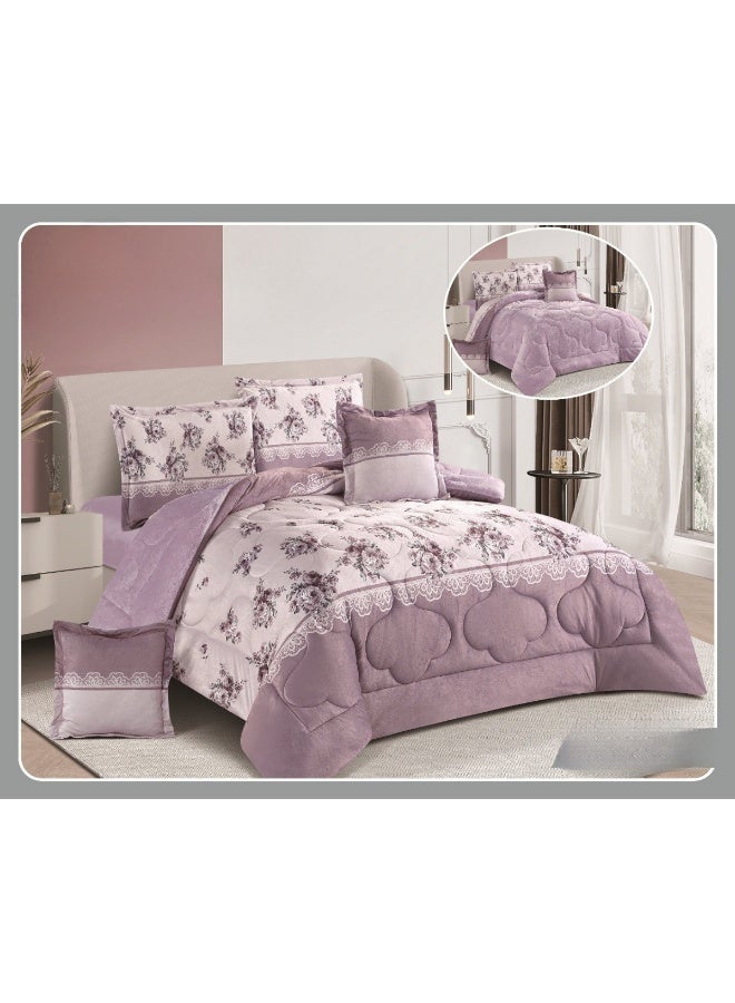 سمارت هوم مفرش سرير شتوي نفرين وجهين (وجه مخمل ووجه فرو) - مفرش بحشوة – طقم لحاف 6 قطع فاخر مزدوج كامل يشمل مفرش بحشوة 250×230 سم + واقي مرتبة مطاط 200×200+30 سم + 2 كيس مخدة 50×75+5 سم + 2 كيس وسادة مربعة 45×45+5 سم – مفارش نوم أنيقة فندقية ناعمة ودافئة للغرفة - Image 1