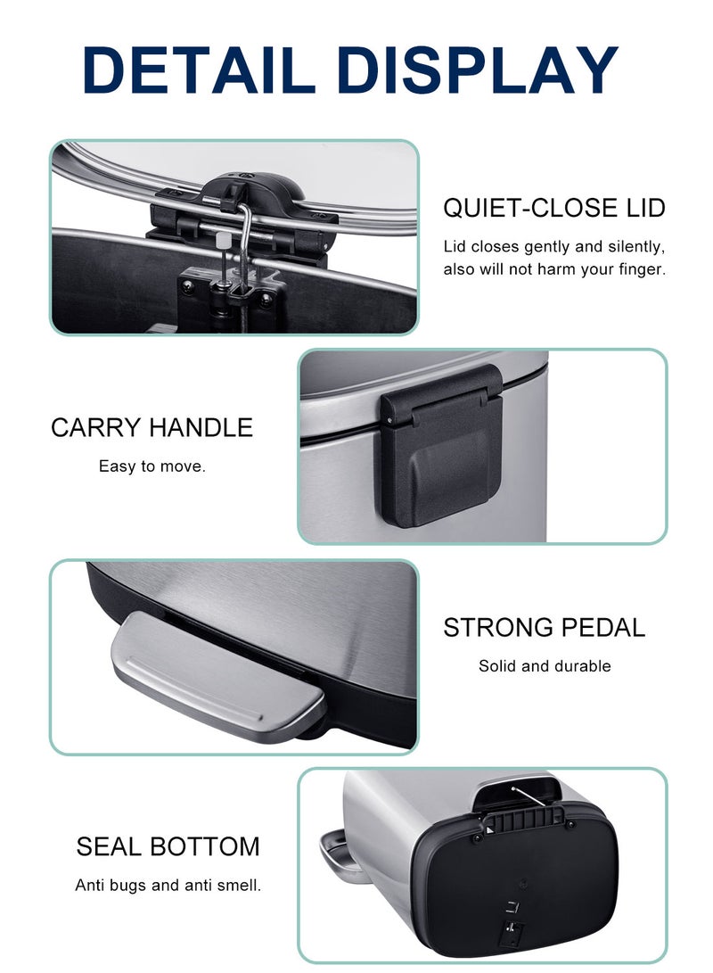 ايست من نون سلة مهملات بدواسة سعة 12 لترًا (3.2 جالون) مع غطاء ناعم الإغلاق — سلة مهملات من الفولاذ المقاوم للصدأ للحمام والمكتب وغرفة النوم - Image 3