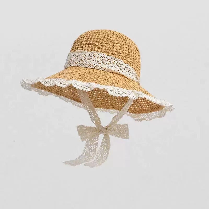 New French Flat Top Hat for Women - Large Size Beach Holiday Sun Hat with Wide Brim