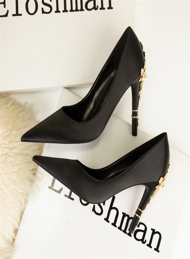 Eloshman Fashionable Floral Slim Heeled Pointed High Heeled Single Shoes Black - Image 3
