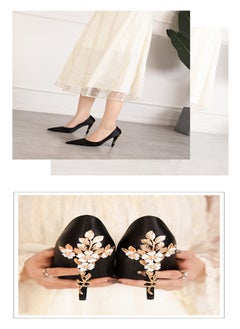 Eloshman Fashionable Floral Slim Heeled Pointed High Heeled Single Shoes Black  - Image 2