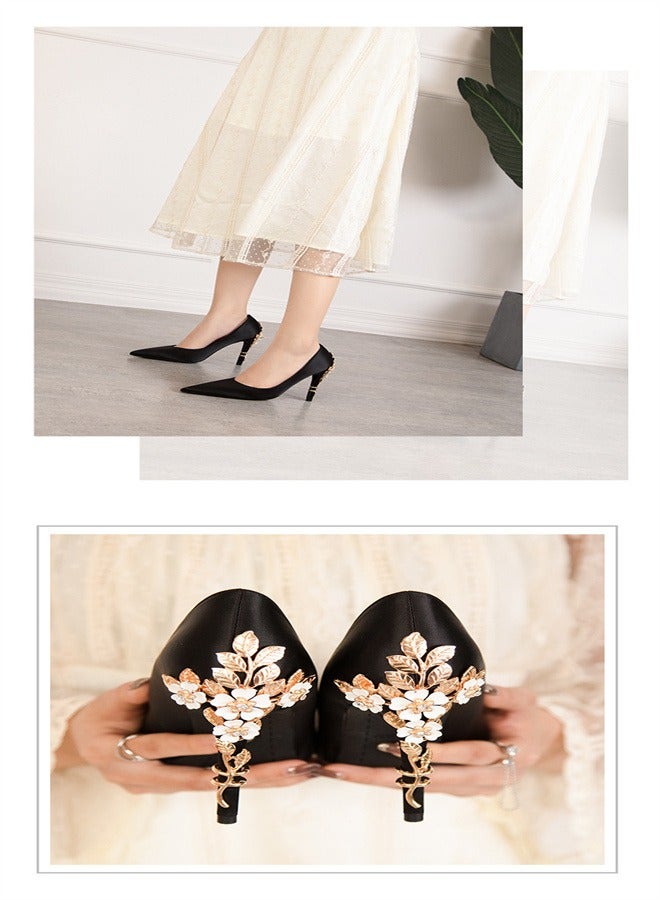 Eloshman Fashionable Floral Slim Heeled Pointed High Heeled Single Shoes Black - Image 2