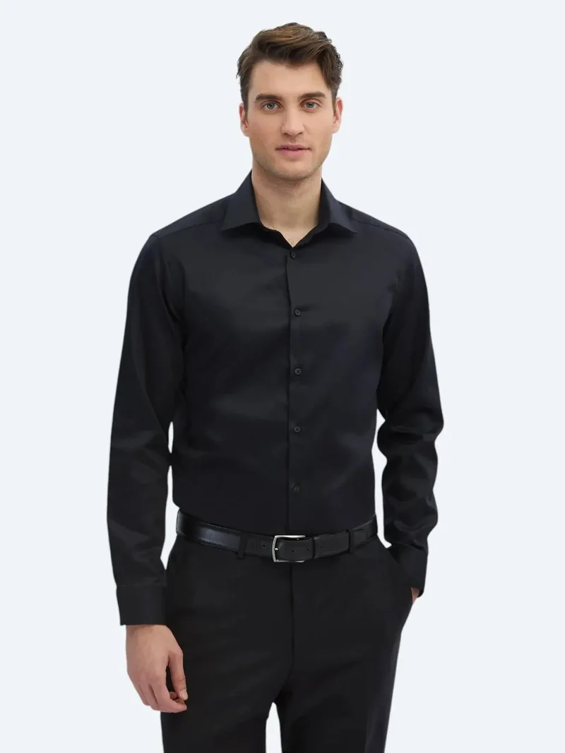 Kip Black Plain Slim Fit Weaving Classical 100% Cotton Shirt