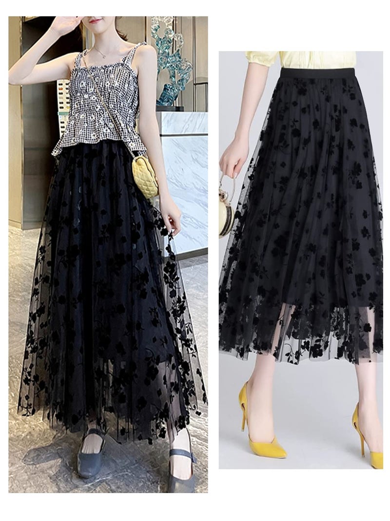Reaowazo Skirts for Women Midi Long Length Dressy Casual Trendy Summer Tulle A-Line Floral High Waist Skirt Black L-XL - Image 4