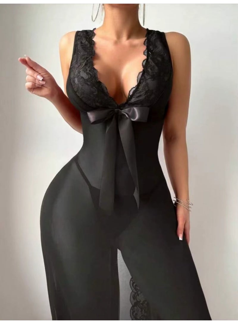 لانجري نسائي قميص نوم طويل تل ناعم مزين بالدانتيل - Image 3