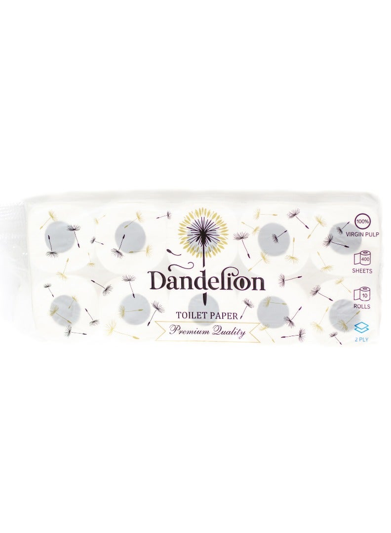 دانديليون ورق تواليت فاخر 2 رقائق، 10 لفات × 400 ورقة - يدوم طويلا - أبيض - Image 1