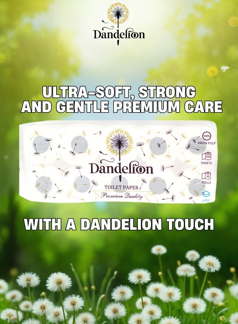 دانديليون ورق تواليت فاخر 2 رقائق، 10 لفات × 400 ورقة - يدوم طويلا - أبيض - Image 2