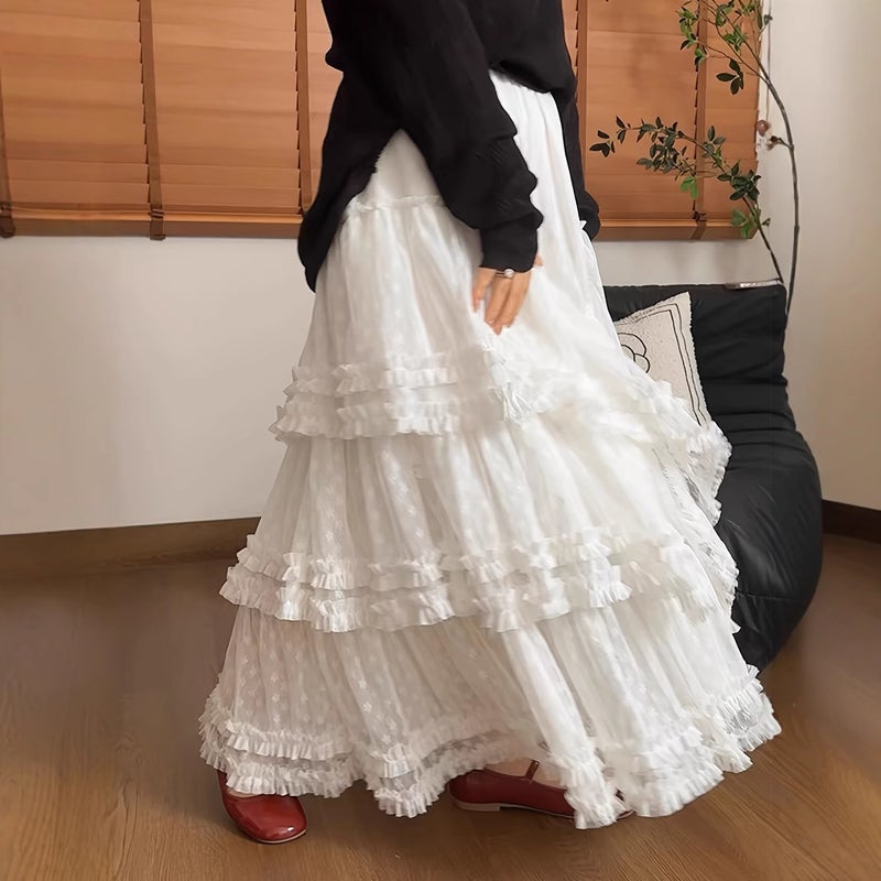 تنورة نسائية كورية بطول متوسط بتصميم غير منتظم أبيض/أسود - Image 3