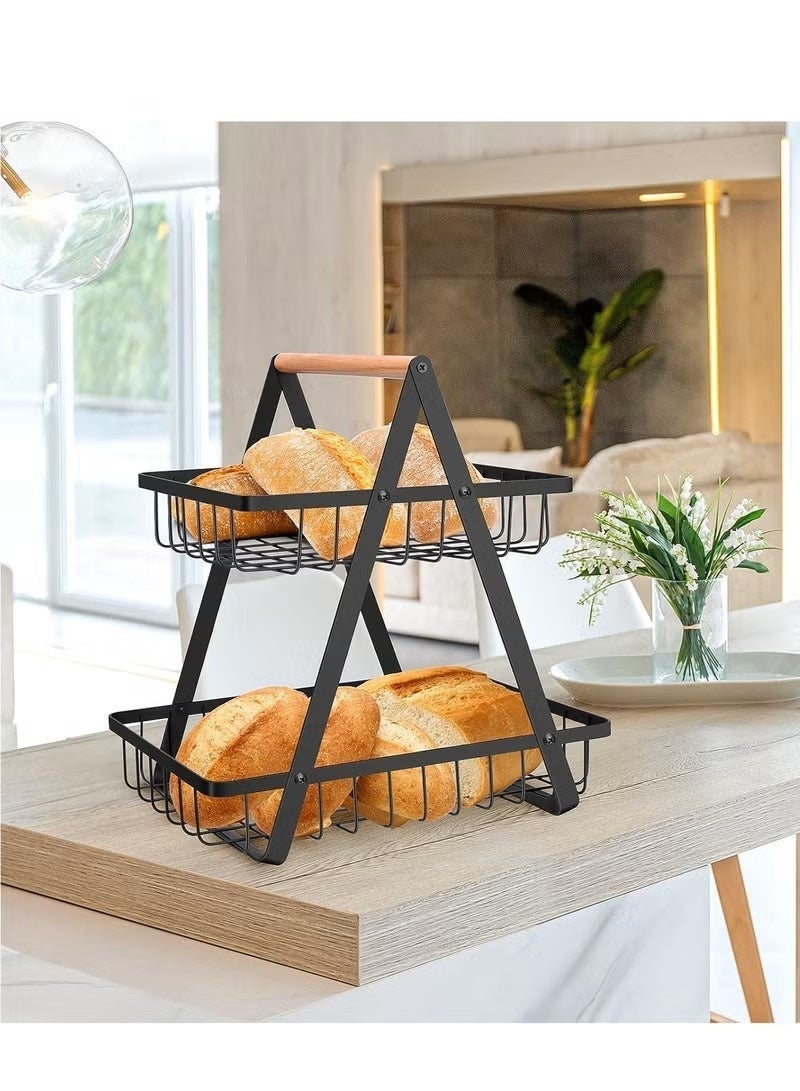 O2. 2-Tier Fruit Basket Storage Rack with Wooden Handle – Detachable Metal Fruit and Vegetable Organizer for Kitchen Countertop, Bread and Snack Storage Stand - Image 5
