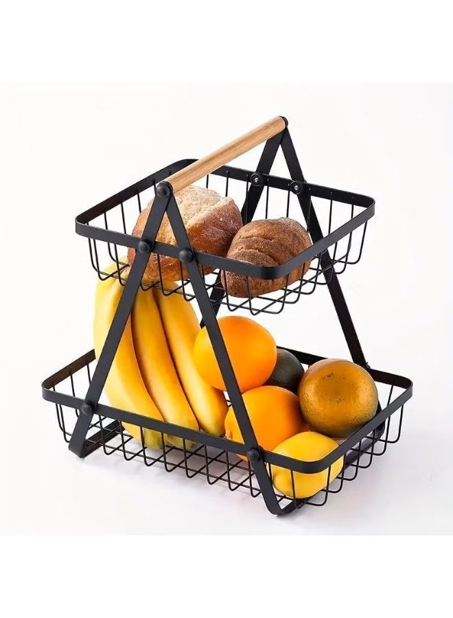O2. 2-Tier Fruit Basket Storage Rack with Wooden Handle – Detachable Metal Fruit and Vegetable Organizer for Kitchen Countertop, Bread and Snack Storage Stand - Image 4