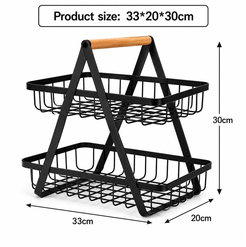 O2. 2-Tier Fruit Basket Storage Rack with Wooden Handle – Detachable Metal Fruit and Vegetable Organizer for Kitchen Countertop, Bread and Snack Storage Stand - Image 3