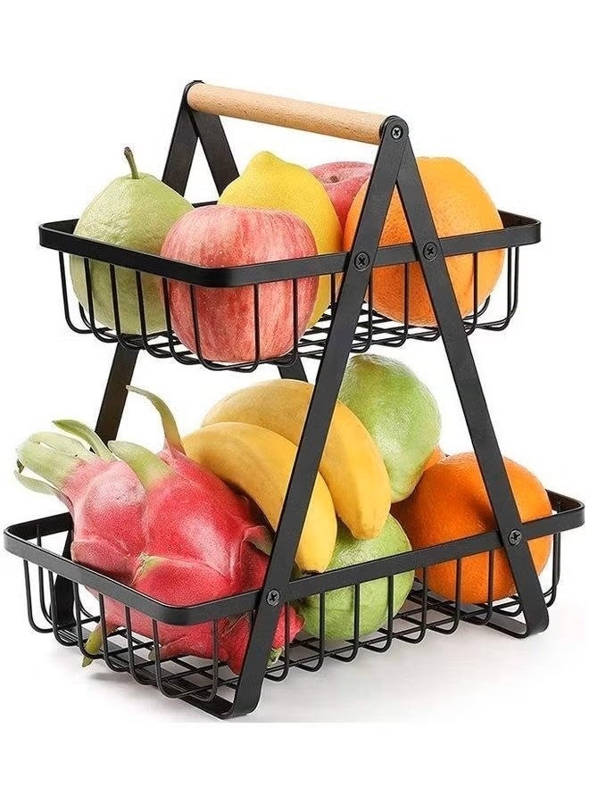 O2. 2-Tier Fruit Basket Storage Rack with Wooden Handle – Detachable Metal Fruit and Vegetable Organizer for Kitchen Countertop, Bread and Snack Storage Stand - Image 1