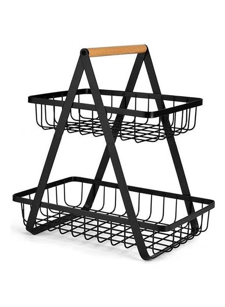 O2. 2-Tier Fruit Basket Storage Rack with Wooden Handle – Detachable Metal Fruit and Vegetable Organizer for Kitchen Countertop, Bread and Snack Storage Stand - Image 2