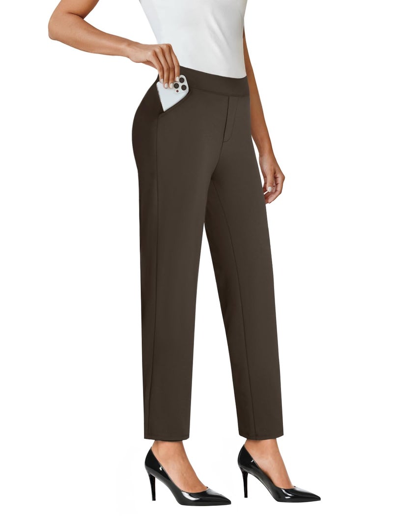 COPYLEAF Ankle Dress Pants Women High Waisted Work Travel Pants with Pockets Stretchy Business Casual Slacks(Brown L) - Image 1