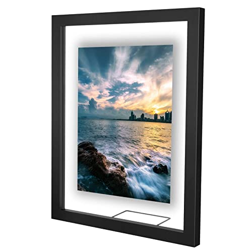 ONE WALL 11x14 Inch Floating Frame, Black Wood Double Glass Float Picture Frame Display 11x14/8x10/5x7 Inch Photos or Plant or Petal Specimens for Wall and Tabletop - Mounting Accessories Included - Image 1