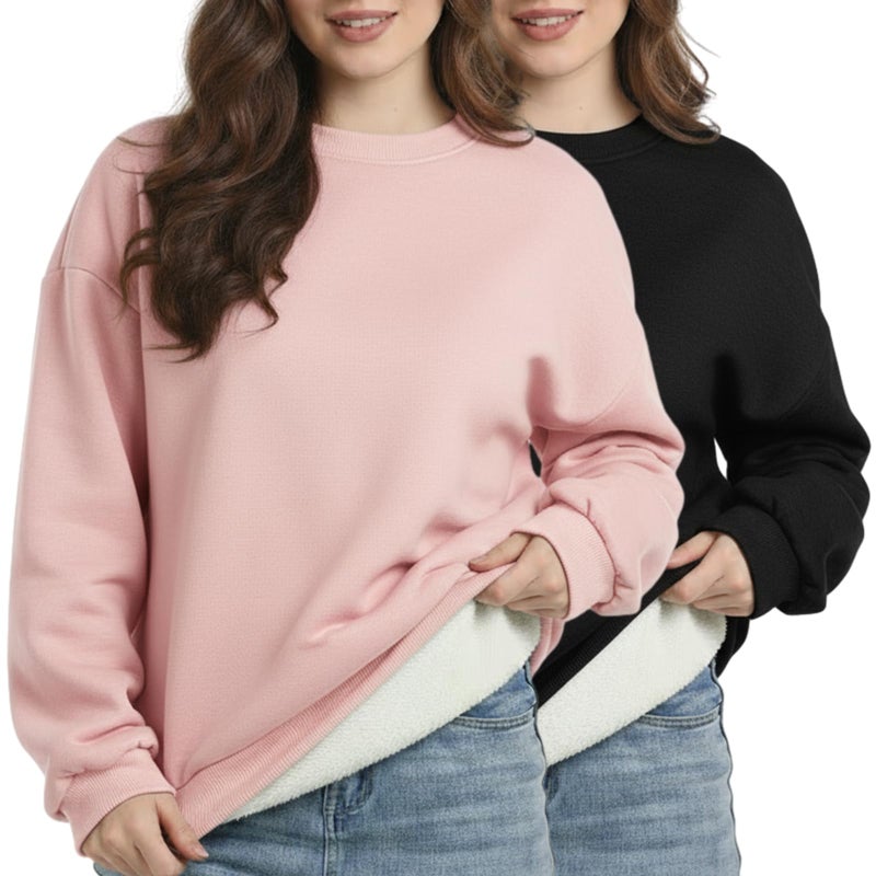 Chicingyou 2 Pack Women's Sherpa Lined Sweatshirts Crewneck Fleece Pullover Long Sleeve Tops Winter Soft Sweatshirts no hood(Black, Pink,M) - Image 1