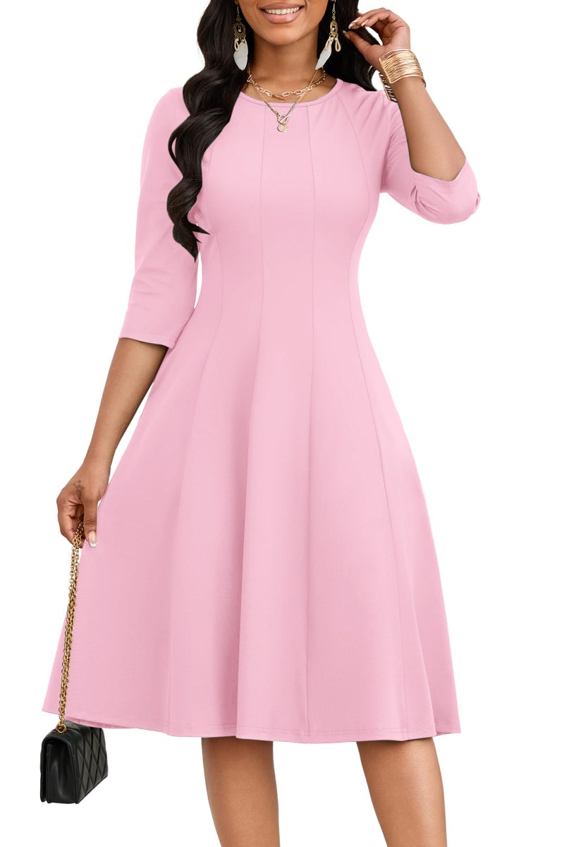 CLOCOR Casual Midi Dresses for Women A-Line Fit and Flare Elegant Church Cocktail Work 3/4 Sleeve Dress with Pocket Pink - Image 1