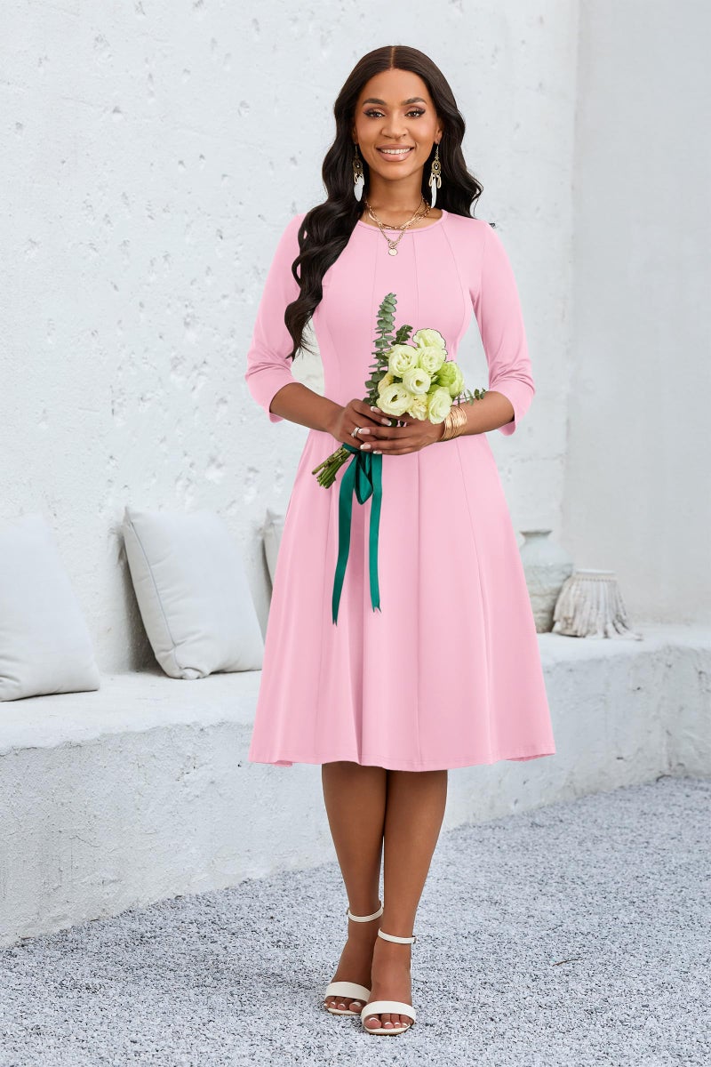 CLOCOR Casual Midi Dresses for Women A-Line Fit and Flare Elegant Church Cocktail Work 3/4 Sleeve Dress with Pocket Pink - Image 3