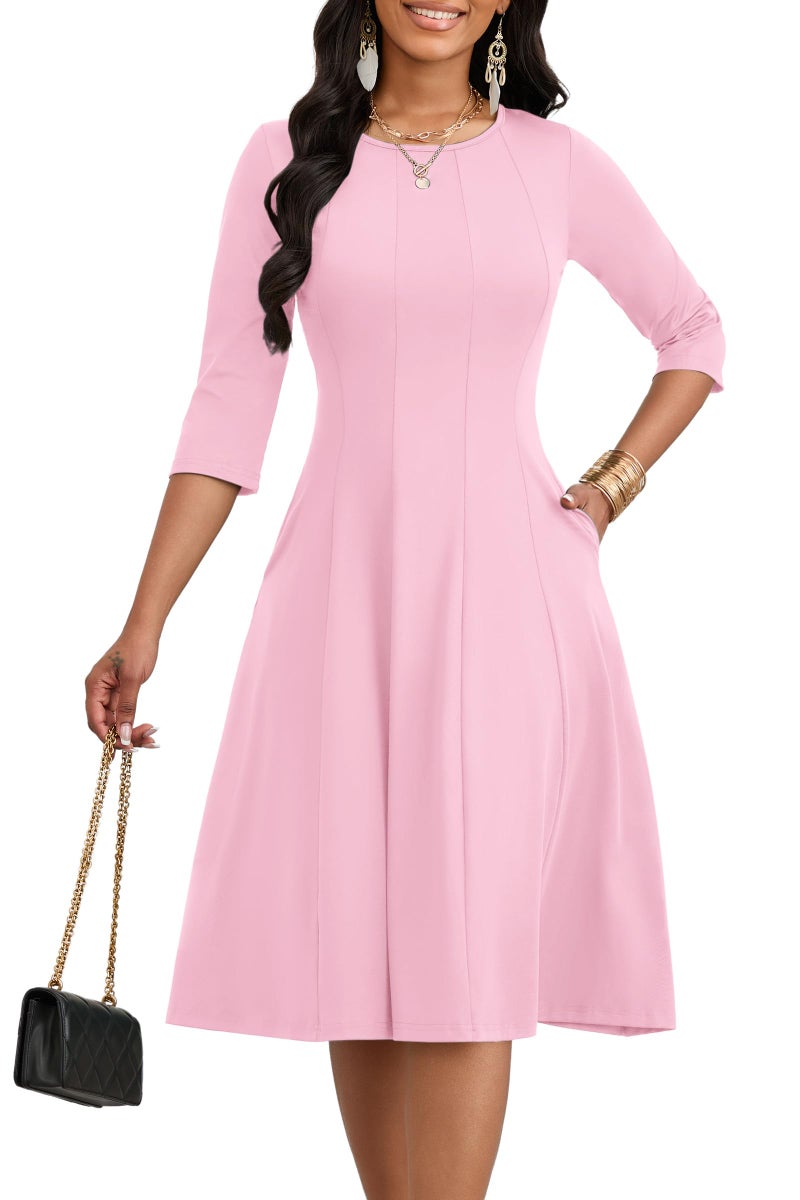 CLOCOR Casual Midi Dresses for Women A-Line Fit and Flare Elegant Church Cocktail Work 3/4 Sleeve Dress with Pocket Pink - Image 2