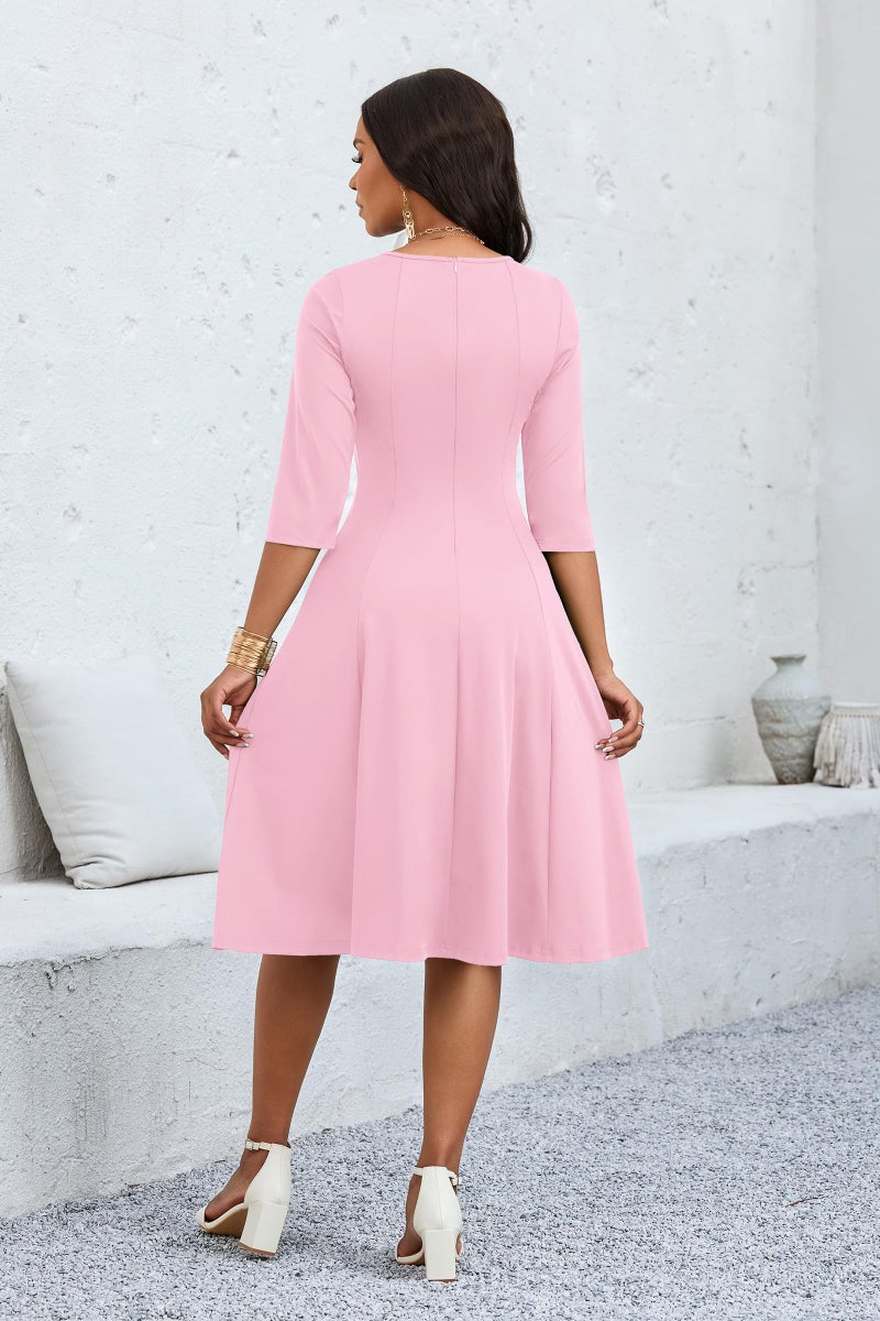 CLOCOR Casual Midi Dresses for Women A-Line Fit and Flare Elegant Church Cocktail Work 3/4 Sleeve Dress with Pocket Pink - Image 5