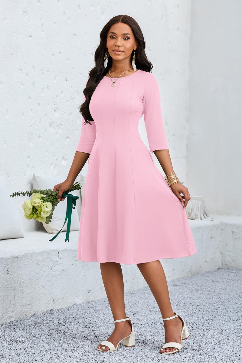 CLOCOR Casual Midi Dresses for Women A-Line Fit and Flare Elegant Church Cocktail Work 3/4 Sleeve Dress with Pocket Pink - Image 4