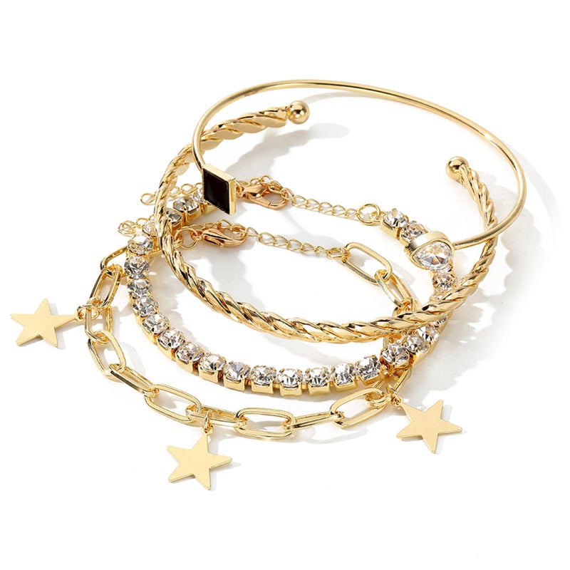 17IF 4 Pcs Gold Bracelet for Women, Dainty Sparkle Full Diamond Chunky Trendy Simple Bangle Hand Cuff Set Jewelry Black Aesthetic Star Charm Stack Accessories Adjustable Wrist Chain - Image 3