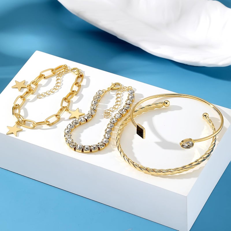 17IF 4 Pcs Gold Bracelet for Women, Dainty Sparkle Full Diamond Chunky Trendy Simple Bangle Hand Cuff Set Jewelry Black Aesthetic Star Charm Stack Accessories Adjustable Wrist Chain - Image 4