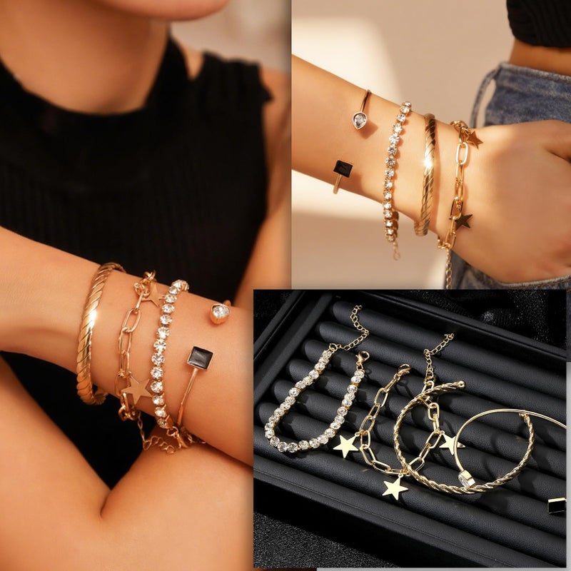 17IF 4 Pcs Gold Bracelet for Women, Dainty Sparkle Full Diamond Chunky Trendy Simple Bangle Hand Cuff Set Jewelry Black Aesthetic Star Charm Stack Accessories Adjustable Wrist Chain - Image 2