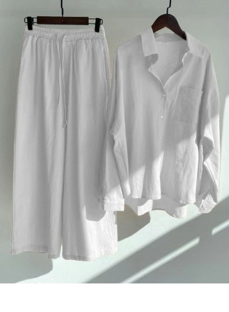Women's Solid Color 2 Piece Set Linen Button Down Shirt + Wide Leg Pants Casual Suit White