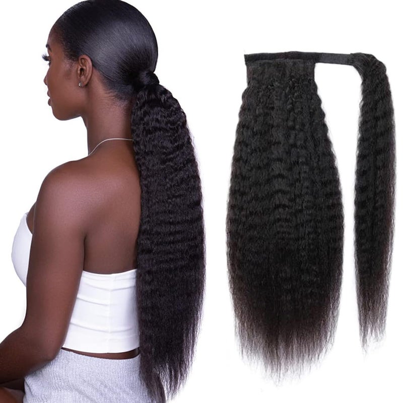 Feelgrace Kinky Straight Human Hair Ponytail Extensions Natural Black Color Brazilian Real Human Hair Clip in Drawstring Yaki Kinky Straight Ponytail Hairpiece Afro Ponytail Hair Natural Black Color 14 inch - Image 1