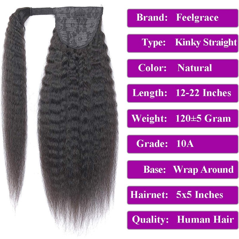 Feelgrace Kinky Straight Human Hair Ponytail Extensions Natural Black Color Brazilian Real Human Hair Clip in Drawstring Yaki Kinky Straight Ponytail Hairpiece Afro Ponytail Hair Natural Black Color 14 inch - Image 5