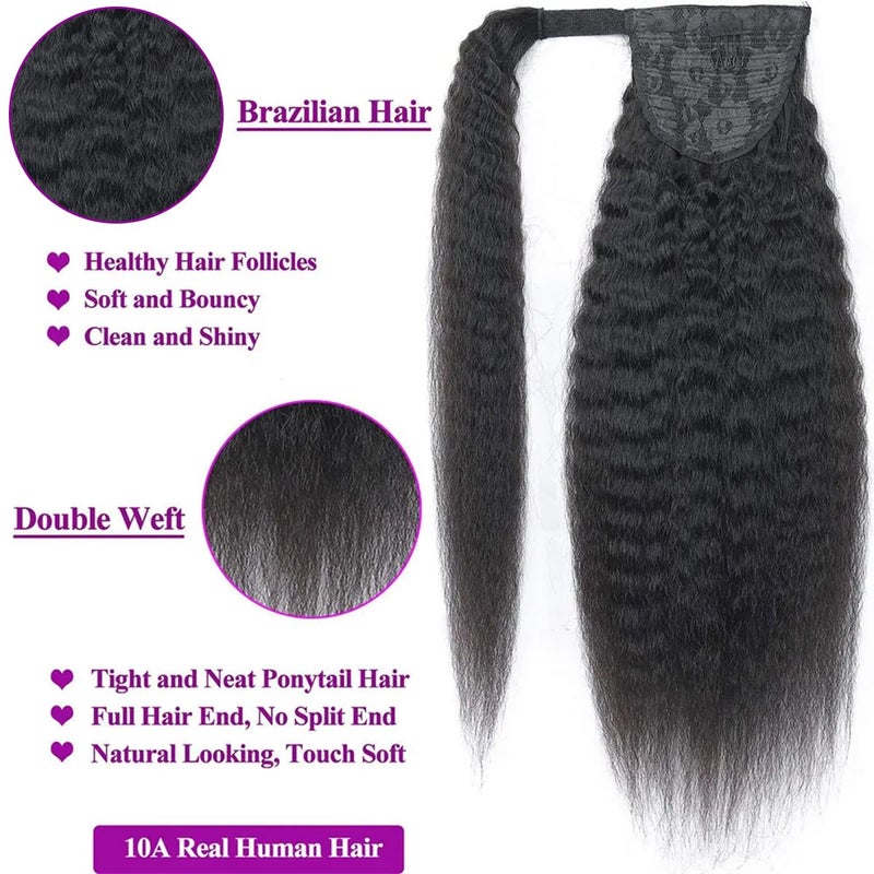 Feelgrace Kinky Straight Human Hair Ponytail Extensions Natural Black Color Brazilian Real Human Hair Clip in Drawstring Yaki Kinky Straight Ponytail Hairpiece Afro Ponytail Hair Natural Black Color 14 inch - Image 2