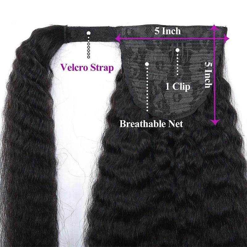 Feelgrace Kinky Straight Human Hair Ponytail Extensions Natural Black Color Brazilian Real Human Hair Clip in Drawstring Yaki Kinky Straight Ponytail Hairpiece Afro Ponytail Hair Natural Black Color 14 inch - Image 4